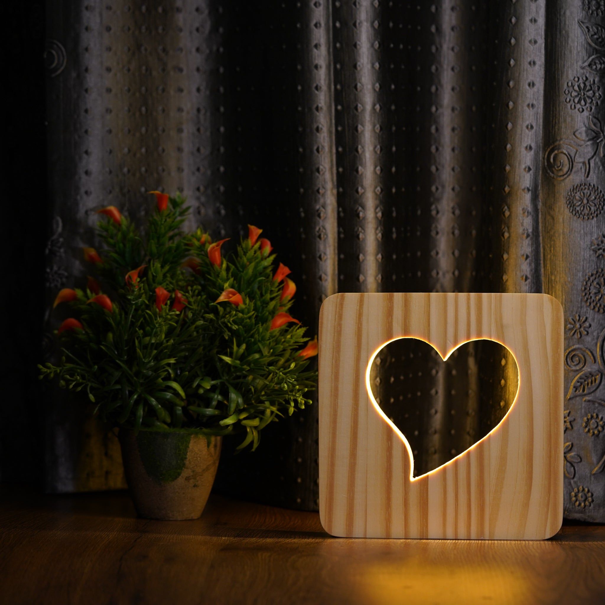 3D LED Wooden Night Light Hollow Table Lamp-Heart QuirkyStore.in