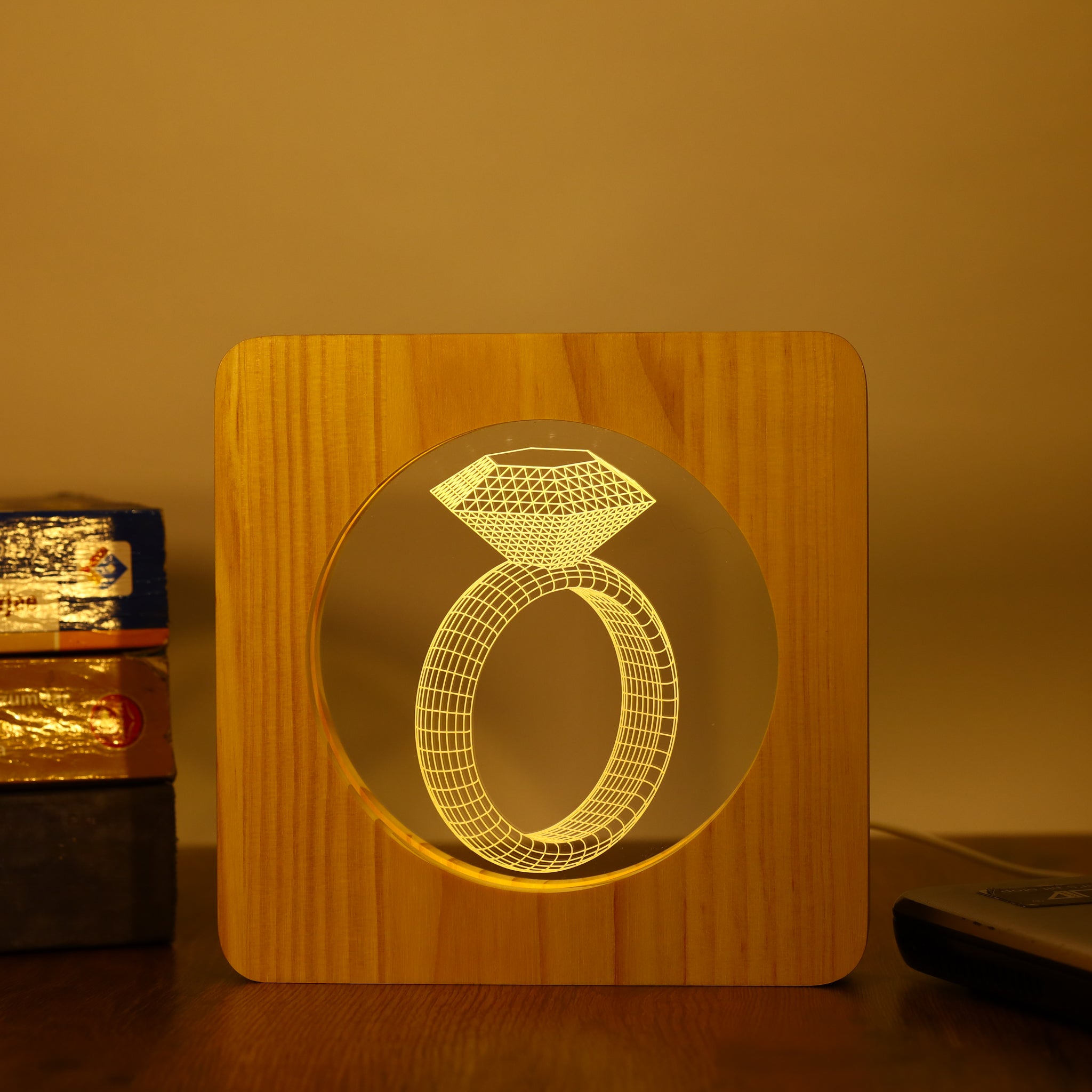 Diamond Ring 3D LED Arylic Wooden Night Light Lamp - QuirkyStore.in