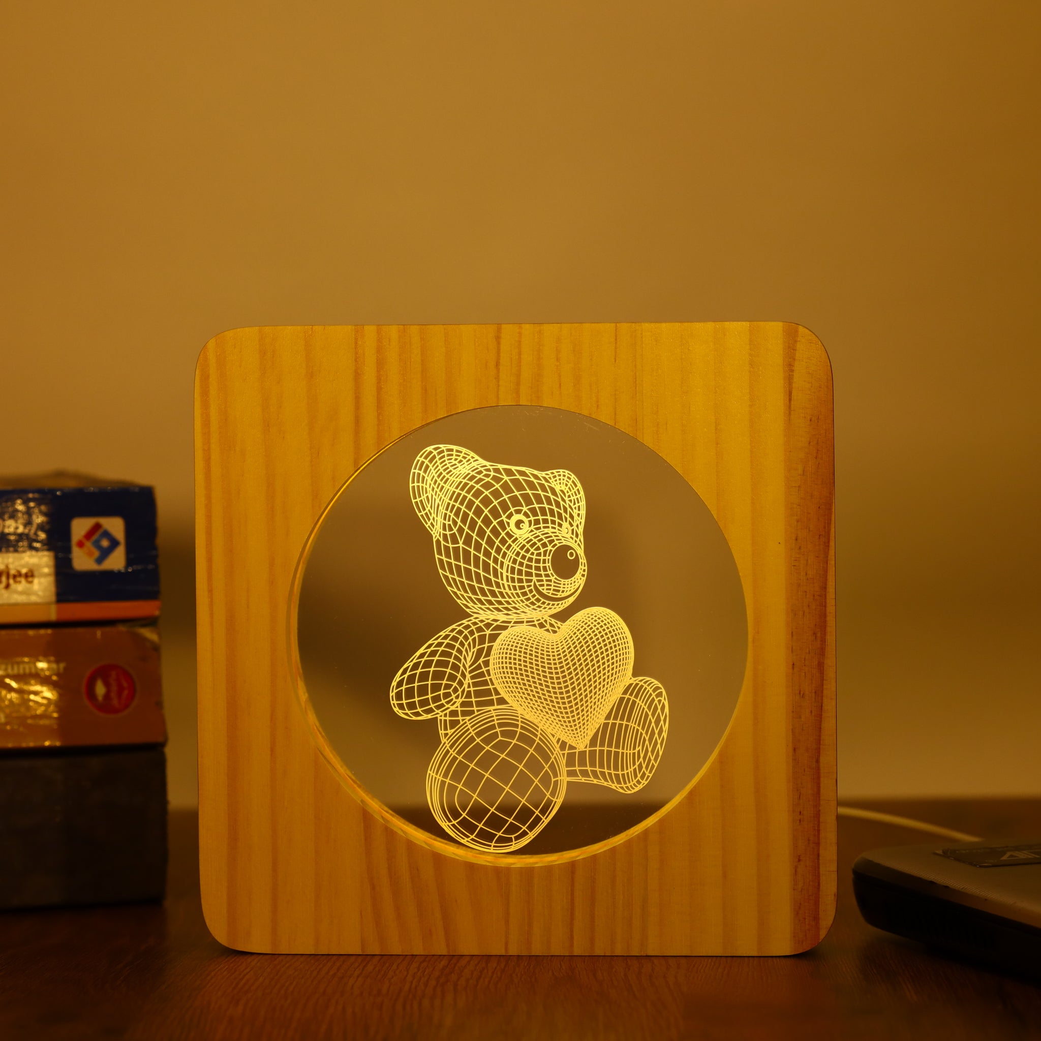 3D Wooden Teddy Bear Night Lamp with Heart QuirkyStore.in