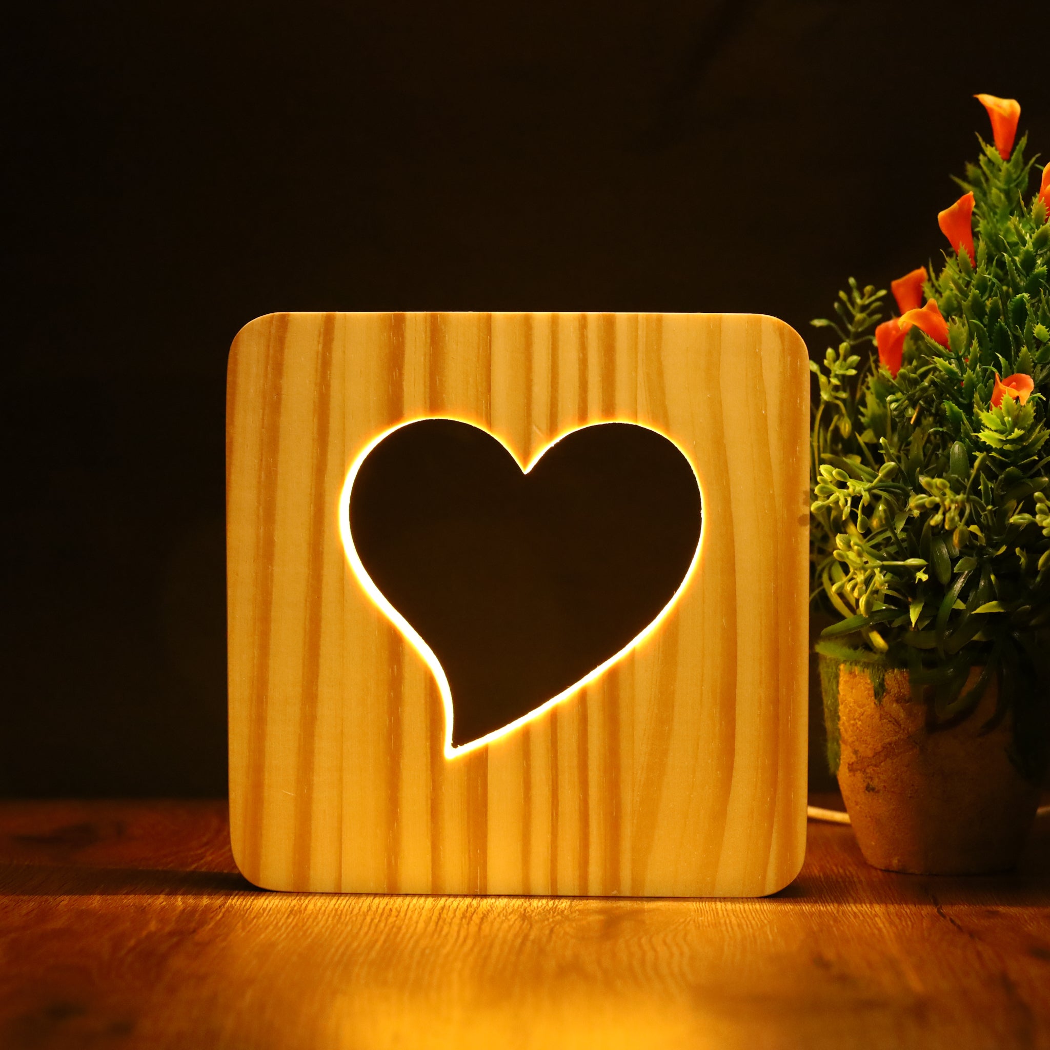 3D LED Wooden Night Light Hollow Table Lamp-Heart QuirkyStore.in
